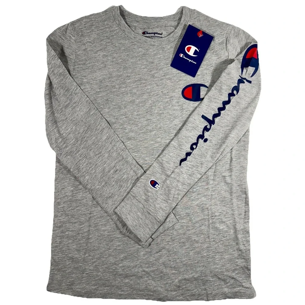 Champion Boys M Long Sleeve Oxford Heather Logo Shirt‎ NWT Medium Athletic Tee